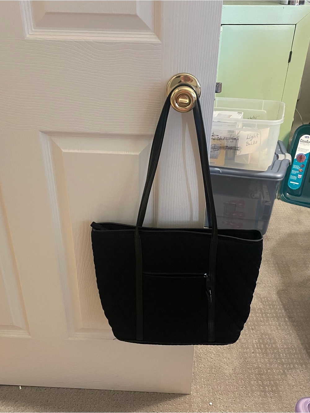 Black Quilted Tote Bag with Front Zip Pocket